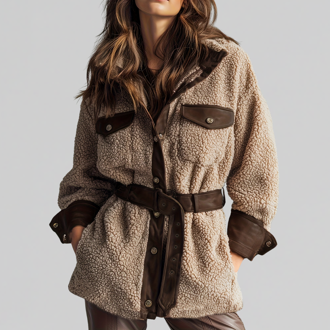Women's Teddy Fleece Coat | Belted Short Button-Front Jacket