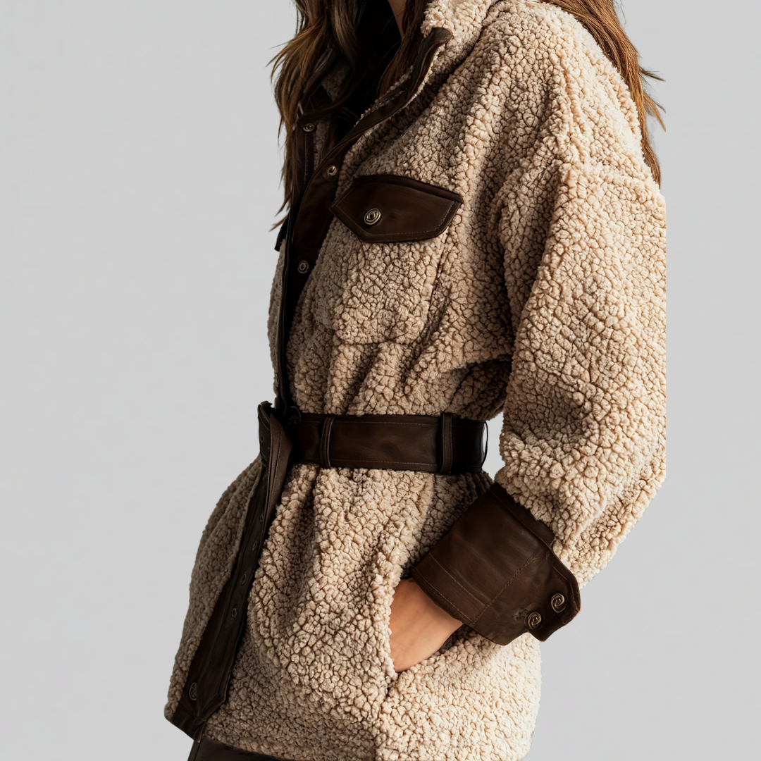 Women's Teddy Fleece Coat | Belted Short Button-Front Jacket