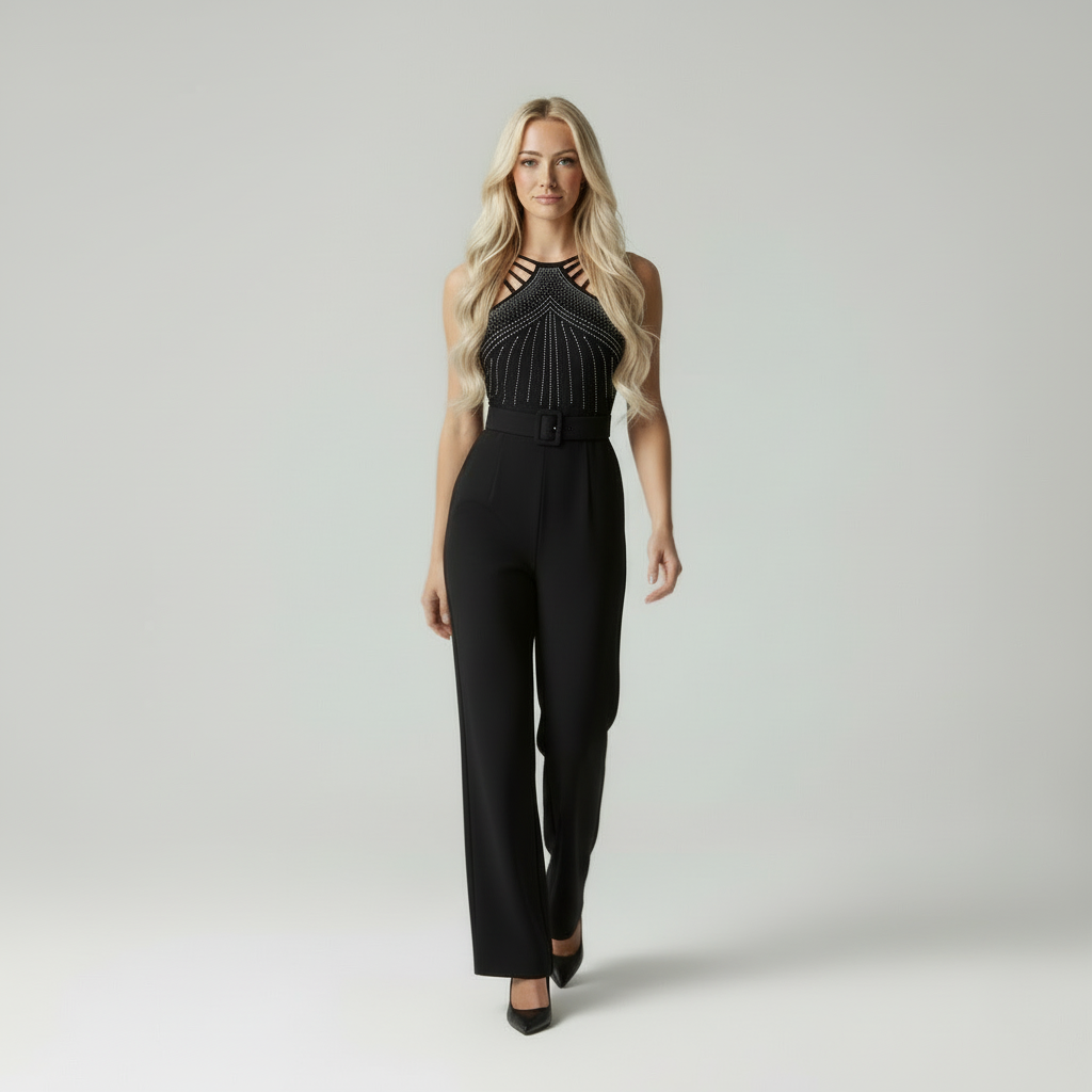 Women's Beaded Halter Neck Wide-Leg Jumpsuit with Waist Belt – Elegant Evening Outfit for Special Occasions