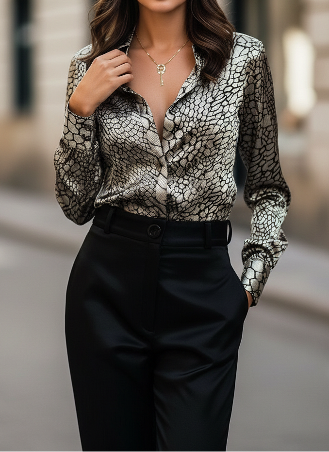 Women's Elegant Printed Button-Up Blouse – Long Sleeve Collared Shirt with Smooth Satin-Look Finish for Office and Evening Wear