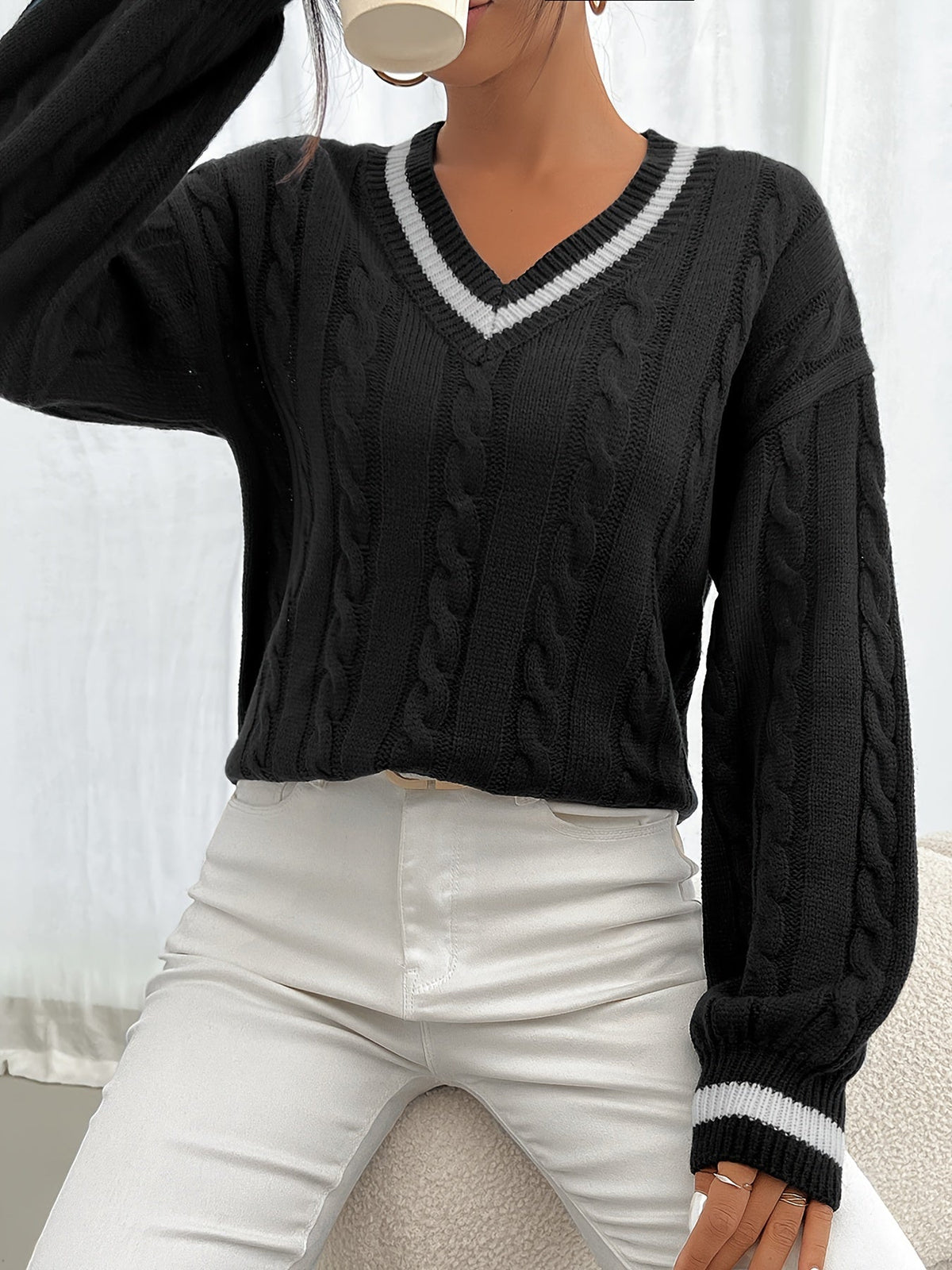 Camryn | V Neck Cable Knit Sweater