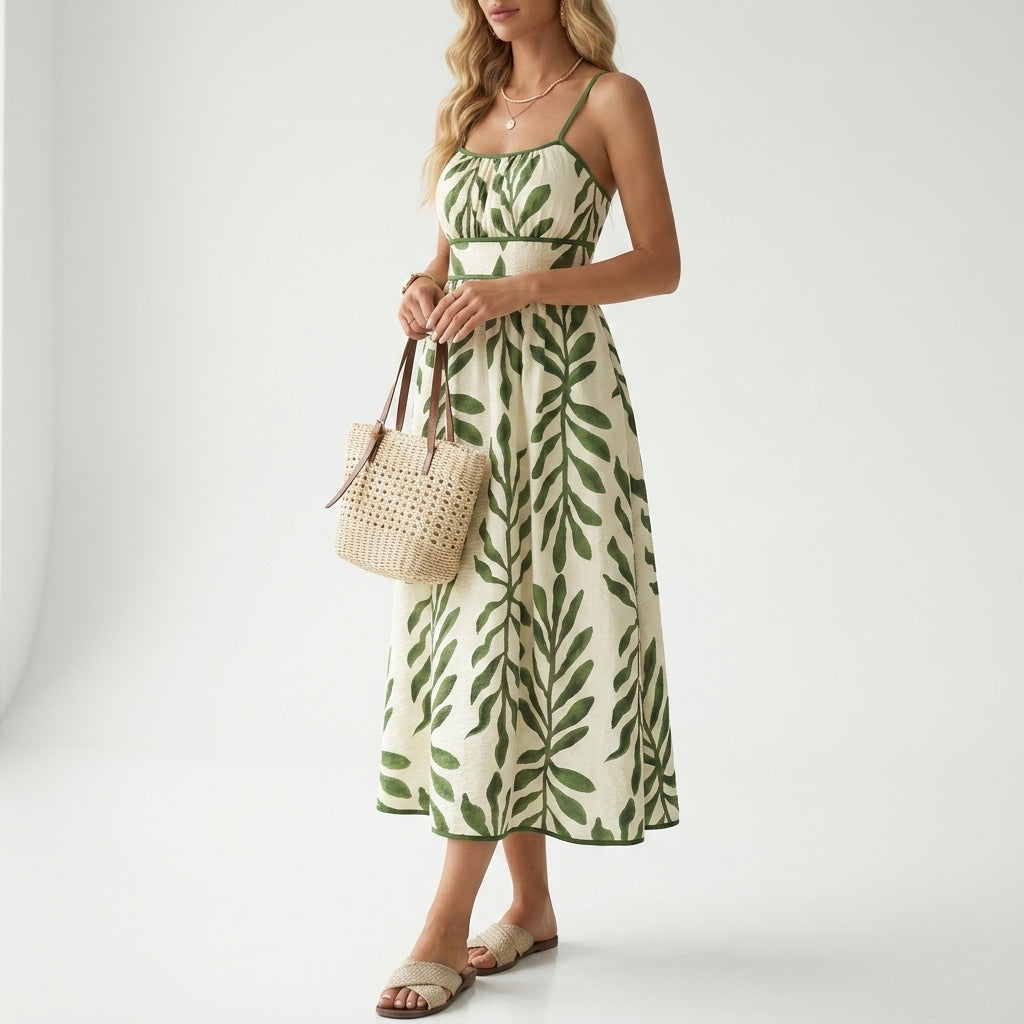 Marcella Leaf Print Midi Dress