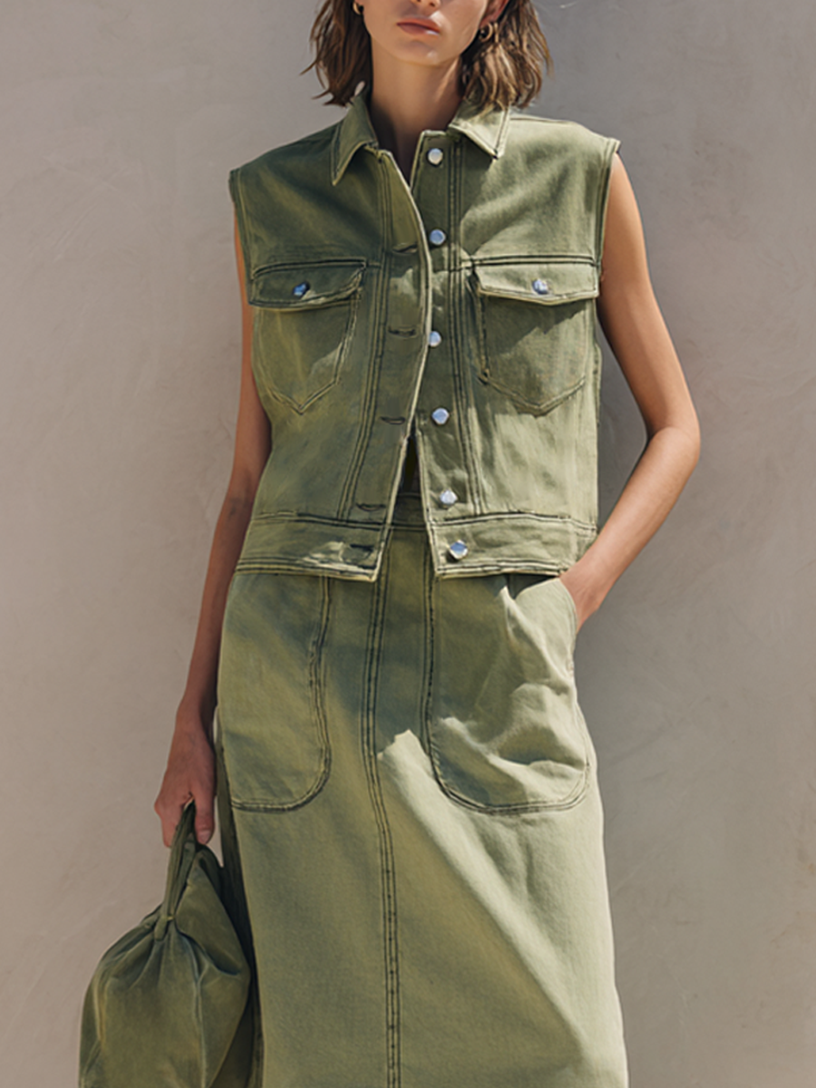 Women's Washed Denim Two-Piece Maxi Skirt Set – Sleeveless Button Front Utility Vest and Long Pocket Detail Skirt for Casual Everyday Wear
