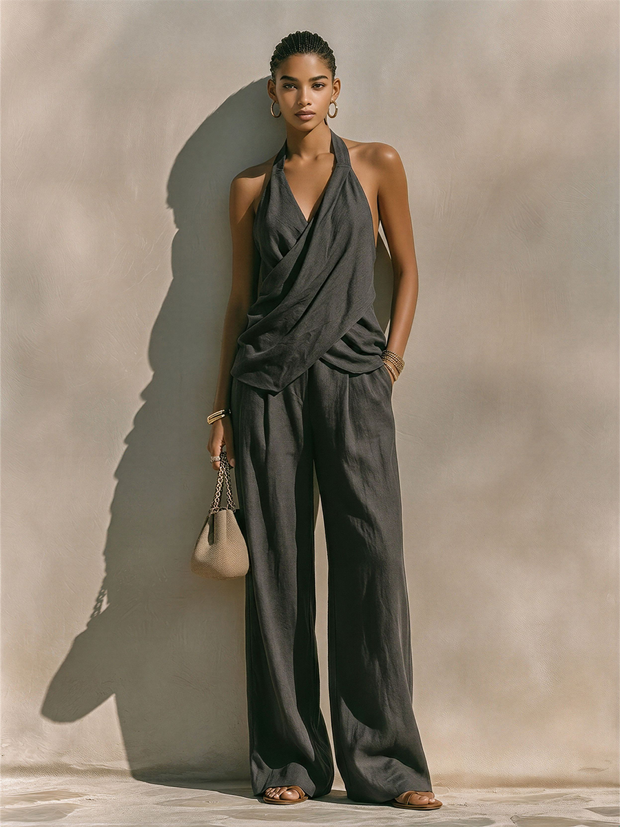 Women’s Cross Front Halter Top and Wide Leg Linen Trouser Set – Elegant Two-Piece Summer Outfit for Holidays and Smart Casual Wear