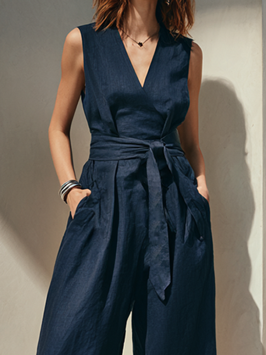 Women's Linen Blend Wide-Leg Jumpsuit with Tie Waist – Elegant Sleeveless V-Neck Style for Summer