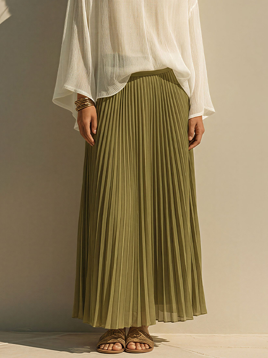 Women's Elegant Chiffon Two-Piece Maxi Skirt Set – Relaxed Long Sleeve V Neck Blouse and Flowing Pleated Skirt for Summer Occasions