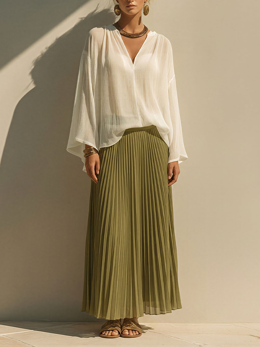 Women's Elegant Chiffon Two-Piece Maxi Skirt Set – Relaxed Long Sleeve V Neck Blouse and Flowing Pleated Skirt for Summer Occasions