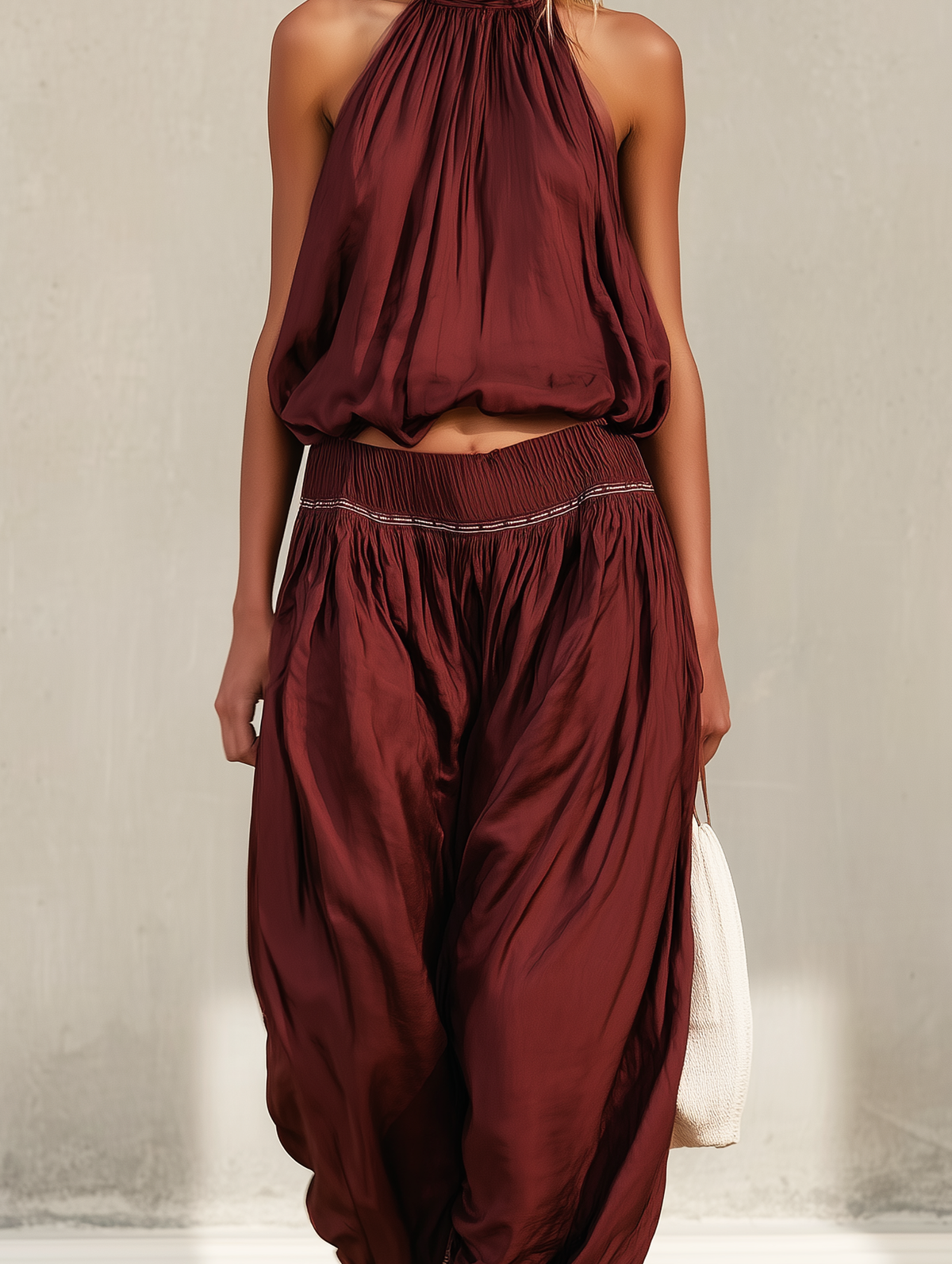 Women's Satin Halter Neck Two-Piece Trouser Set – Gathered Sleeveless Top and Relaxed Harem Pants for Elegant Summer Evening Wear
