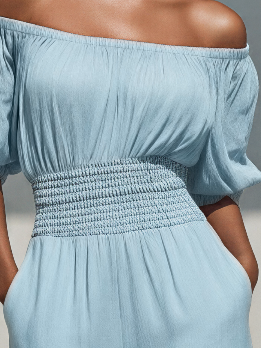 Women's Off-Shoulder Summer Playsuit with Puff Sleeves – Shirred Waist Romper for Casual Holidays