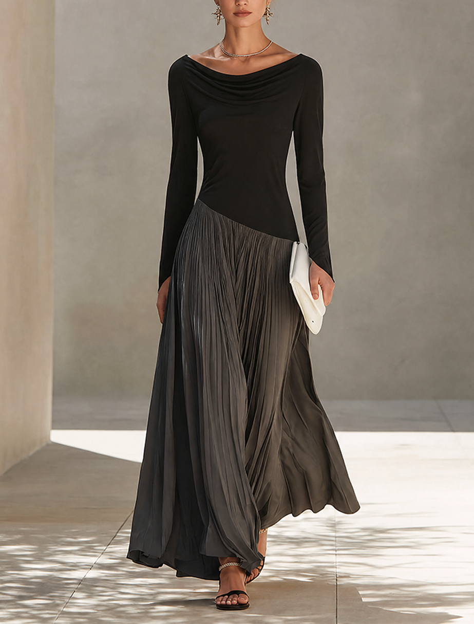 Eden -  Minimalist Two-Tone Color-Block Maxi Dress With Drape Neckline