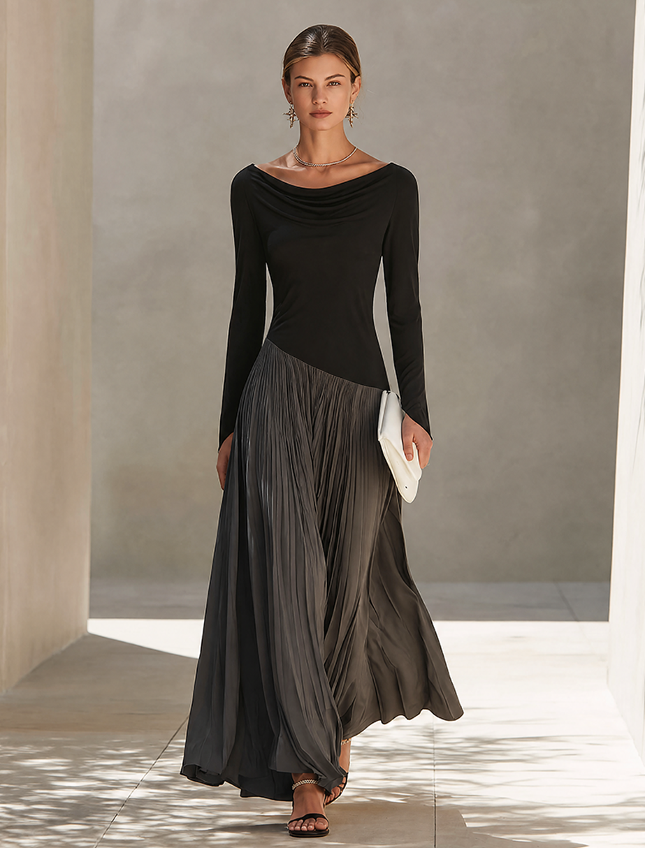 Eden -  Minimalist Two-Tone Color-Block Maxi Dress With Drape Neckline