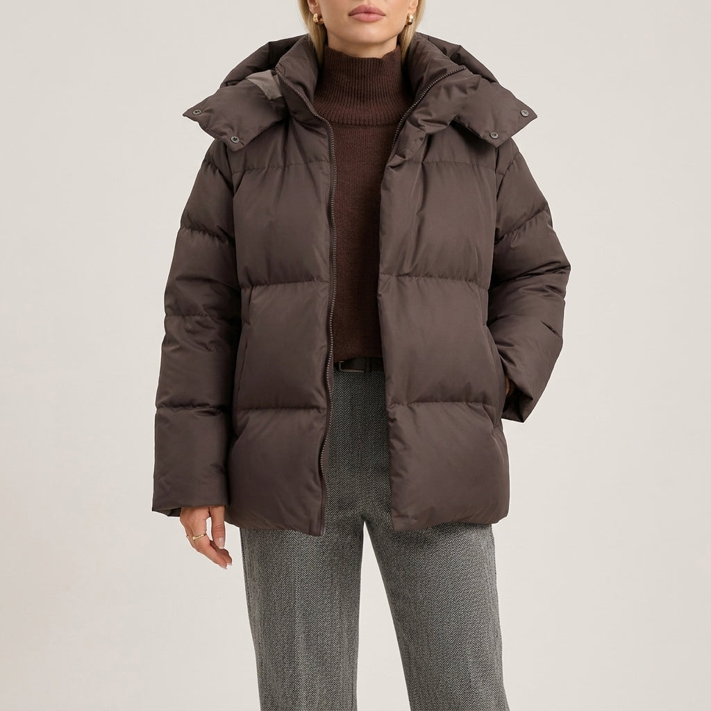 Down Jacket Oversized Hip-Length with Insulated Hood and Front Zip