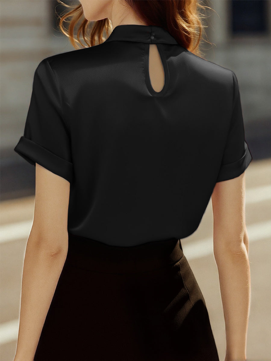 Women’s Satin Keyhole Blouse with Short Cuffed Sleeves – Relaxed Fit and Gathered Neckline for Elegant Styling