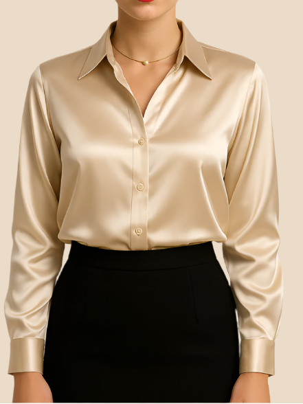Women’s Satin Button-Front Shirt with Classic Collar – Soft Draping and Long Sleeves for Work and Evening Wear