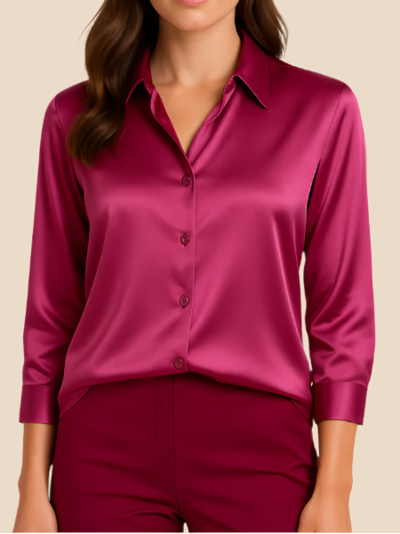 Women’s Satin Button-Front Shirt with Classic Collar – Soft Draping and Long Sleeves for Work and Evening Wear