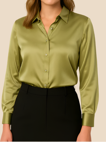 Women’s Satin Button-Front Shirt with Classic Collar – Soft Draping and Long Sleeves for Work and Evening Wear