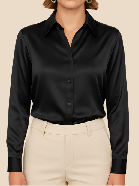 Women’s Satin Button-Front Shirt with Classic Collar – Soft Draping and Long Sleeves for Work and Evening Wear
