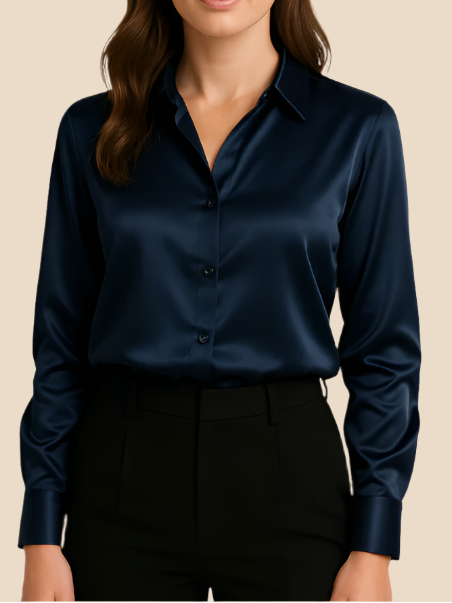 Women’s Satin Button-Front Shirt with Classic Collar – Soft Draping and Long Sleeves for Work and Evening Wear