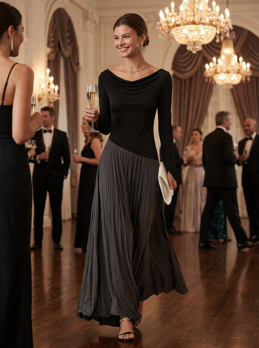 Eden -  Minimalist Two-Tone Color-Block Maxi Dress With Drape Neckline