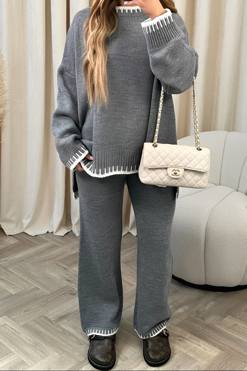 Women’s Knitted Sweater and Wide-Leg Trouser Set with Contrast Ribbed Trims – Relaxed Fit Two-Piece Lounge Outfit for Comfortable Everyday Dressing