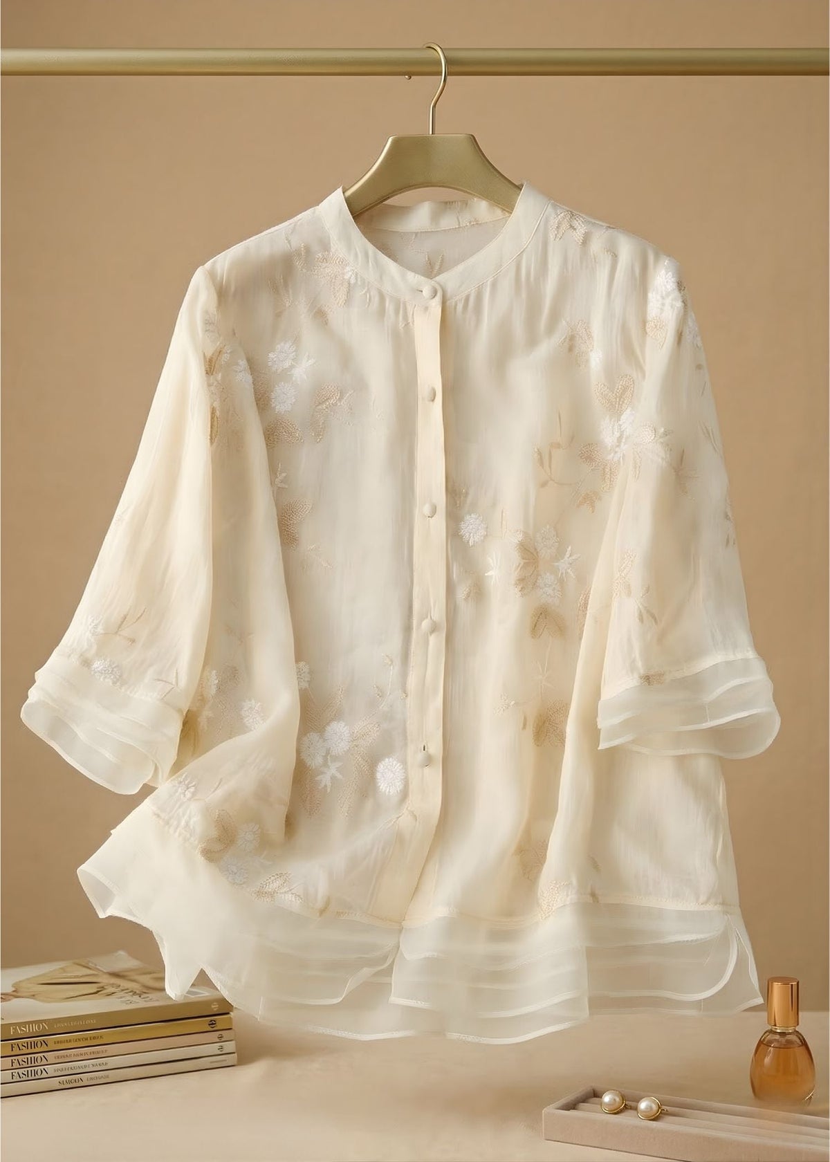 Women's Elegant Cotton Linen Blouse with Layered Organza Hem – Lightweight Printed Button Front Top for Spring and Summer Casual Wear