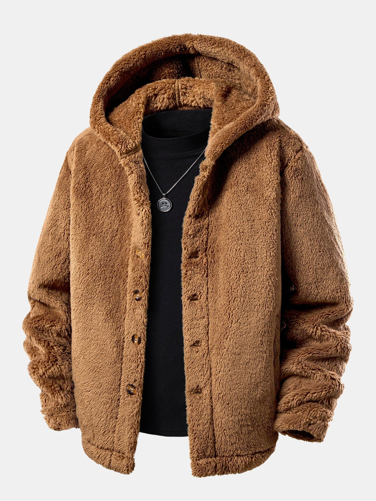 Men's Hooded Teddy Fleece Jacket – Soft Plush Button-Up Winter Outerwear with Relaxed Fit and Cosy Hood