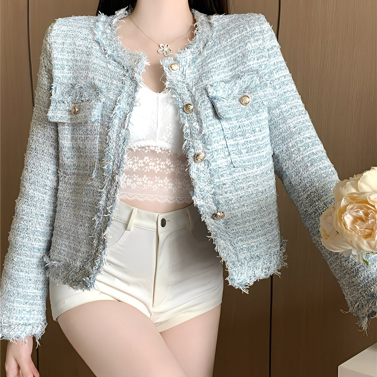 Women’s Cropped Bouclé Tweed Jacket with Gold Tone Buttons and Frayed Edges – Elegant Collarless Tailored Outerwear for Smart Casual Occasions