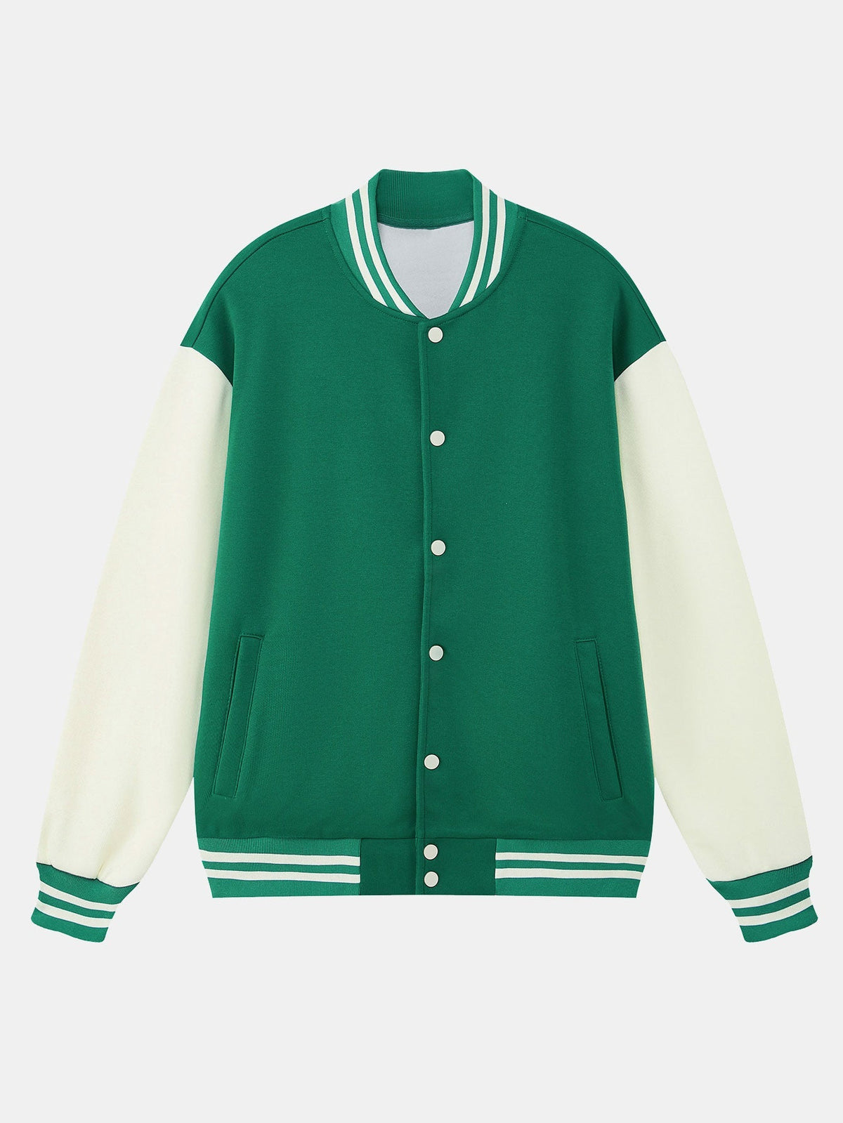 Men's Contrast Sleeve Varsity Baseball Jacket – Classic Cotton Snap-Button College Outerwear with Striped Ribbed Trims for Spring and Autumn