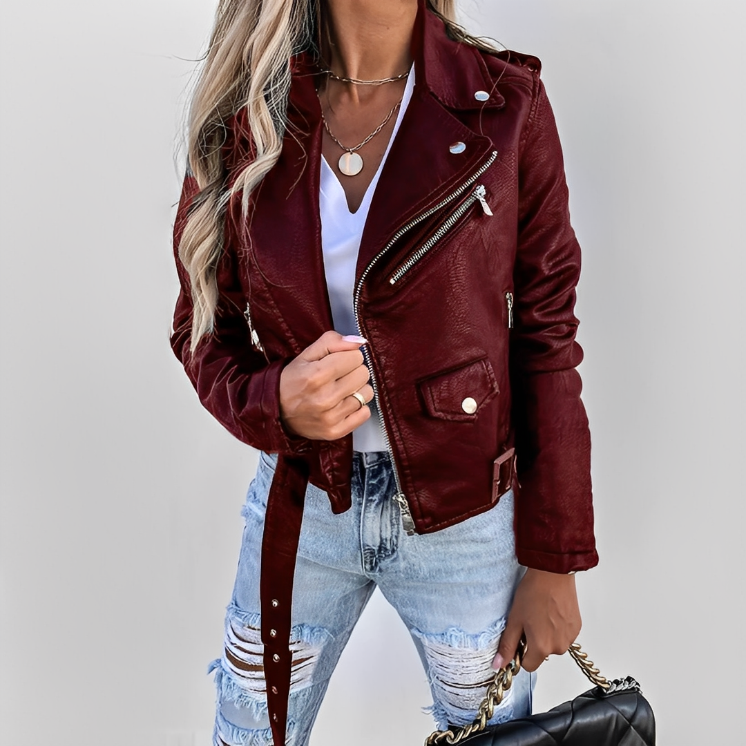 Women's Fitted Faux Leather Biker Jacket with Asymmetric Zip Fastening and Notched Lapel Collar – Cropped Motorcycle Style Outerwear with Adjustable Waist Belt and Zipped Pockets for Autumn and Spring Casual Streetwear
