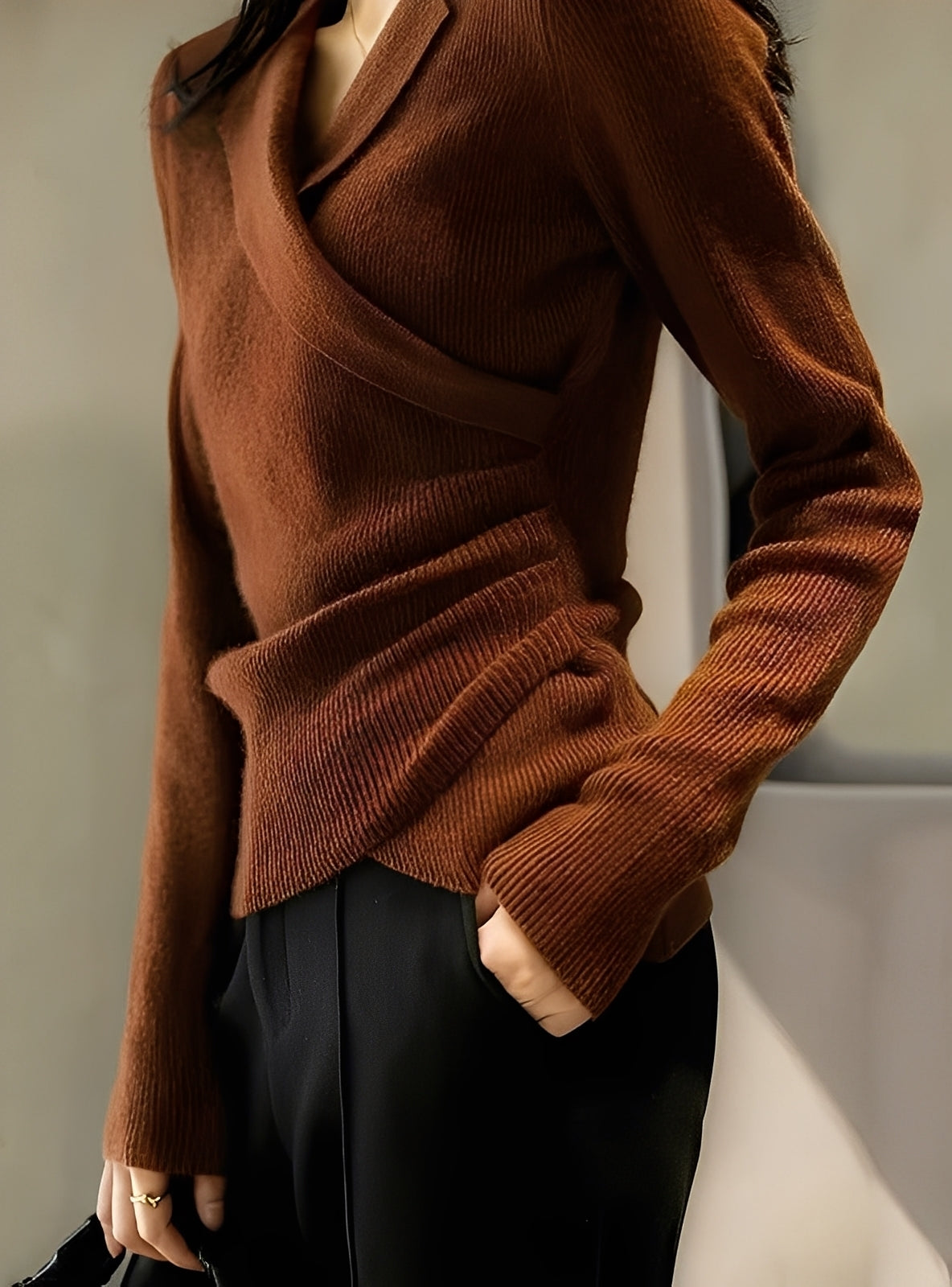 Women's Elegant Ribbed Wrap Knit Sweater – Collared V-Neck Long Sleeve Top with Asymmetric Hem for Smart Casual Wear