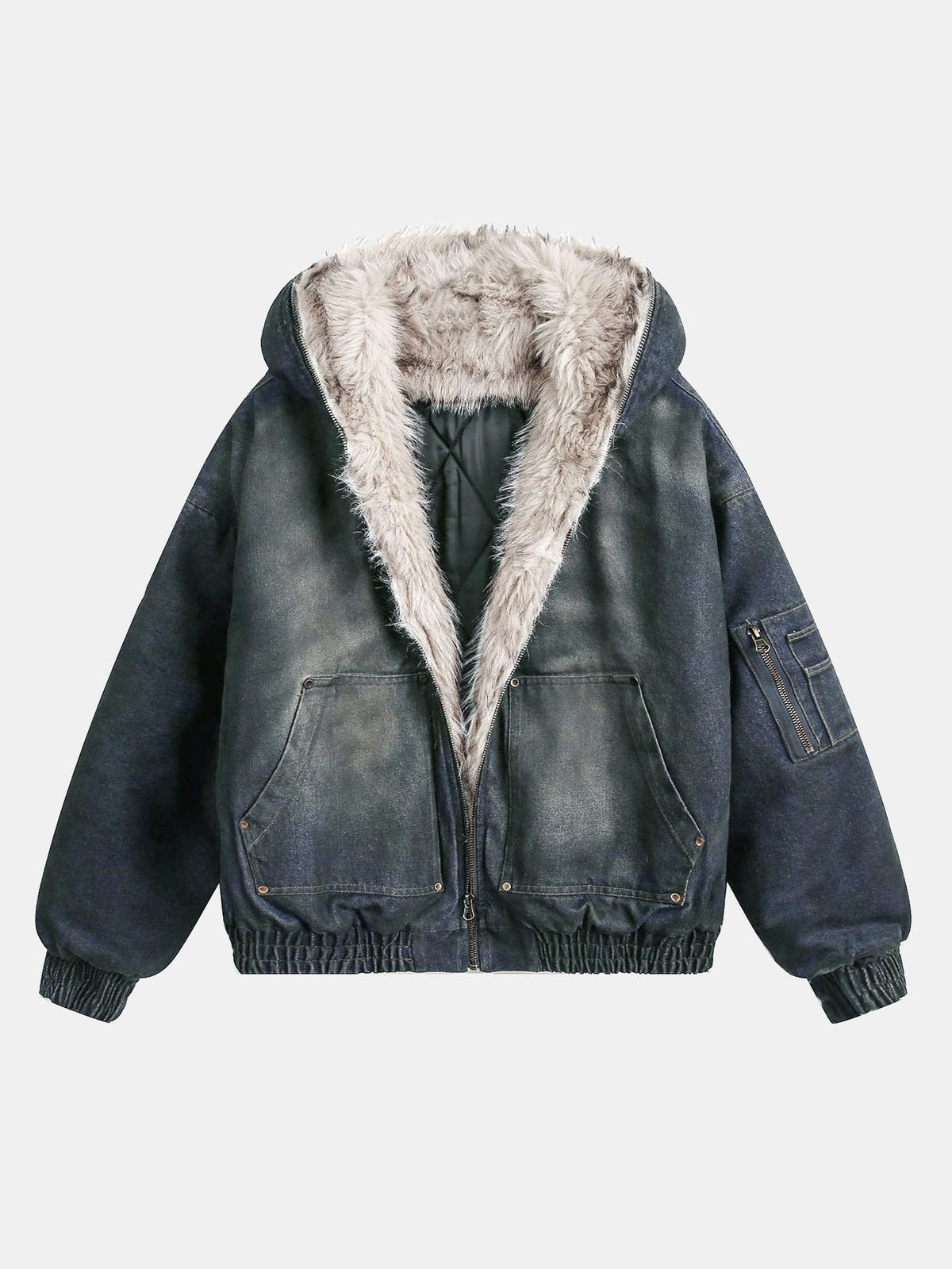 Men's Washed Denim Hooded Bomber Jacket – Oversized Winter Outerwear with Faux Fur Trim and Utility Sleeve Pocket