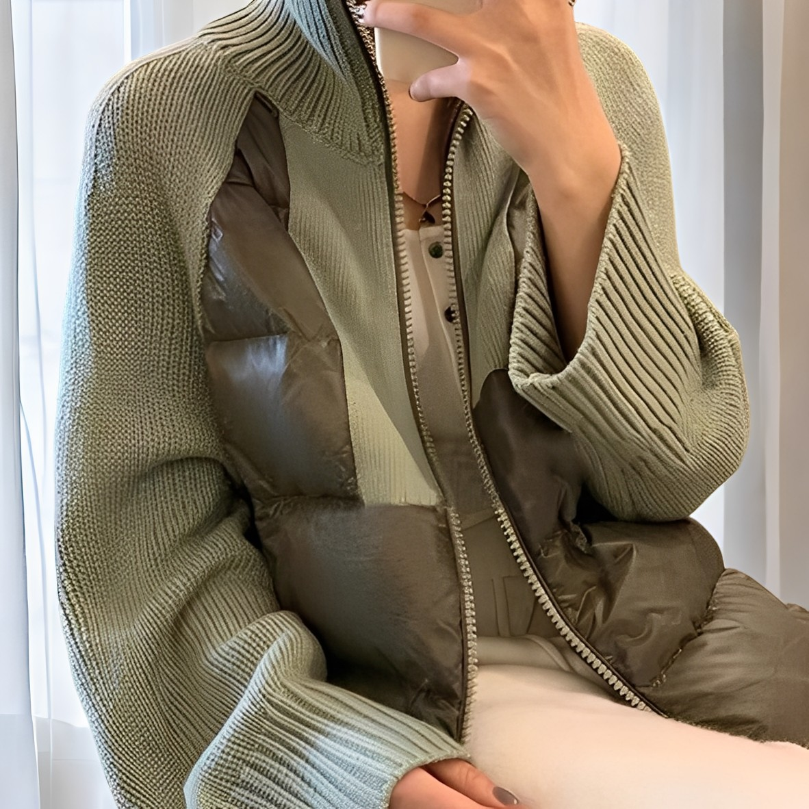 Women's Quilted Puffer Jacket with Knitted Sleeves – Padded Zip Front Winter Jacket with Ribbed High Neck Collar for Autumn and Winter