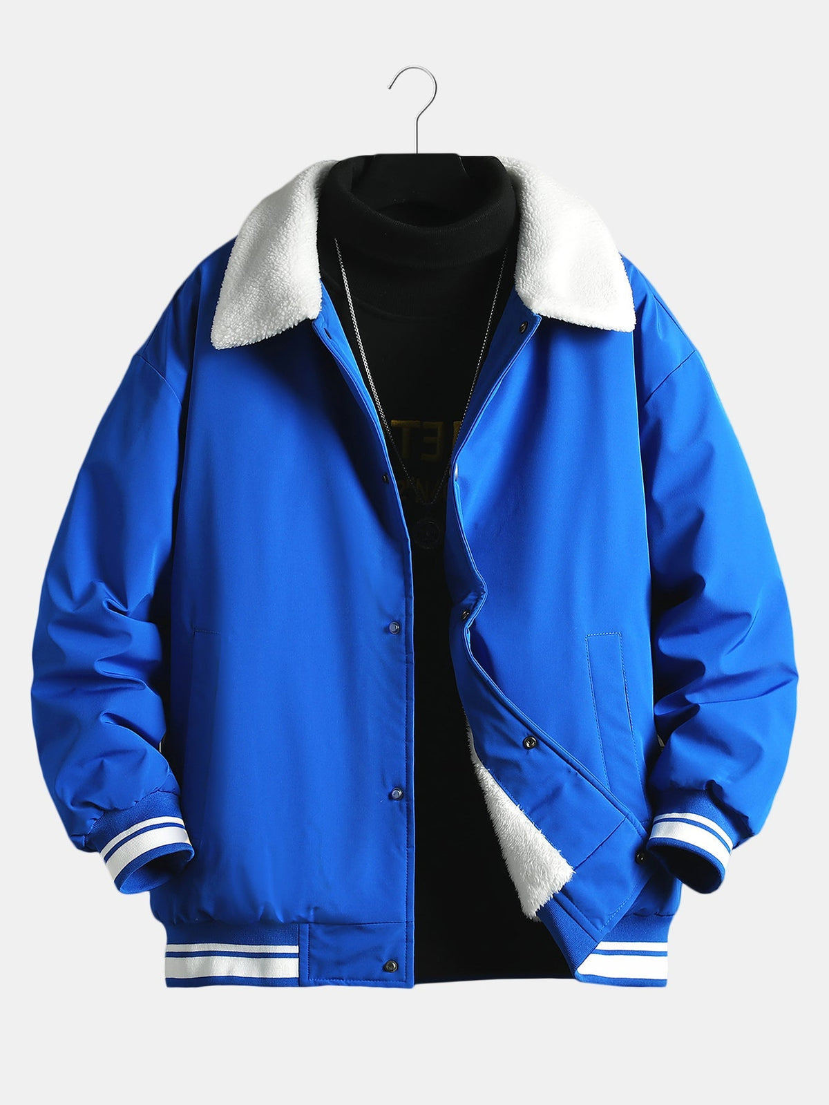 Men's Teddy-Lined Baseball Bomber Jacket – Warm Sherpa Collar Outerwear with Snap-Button Fastening and Striped Ribbed Trims for Autumn and Winter