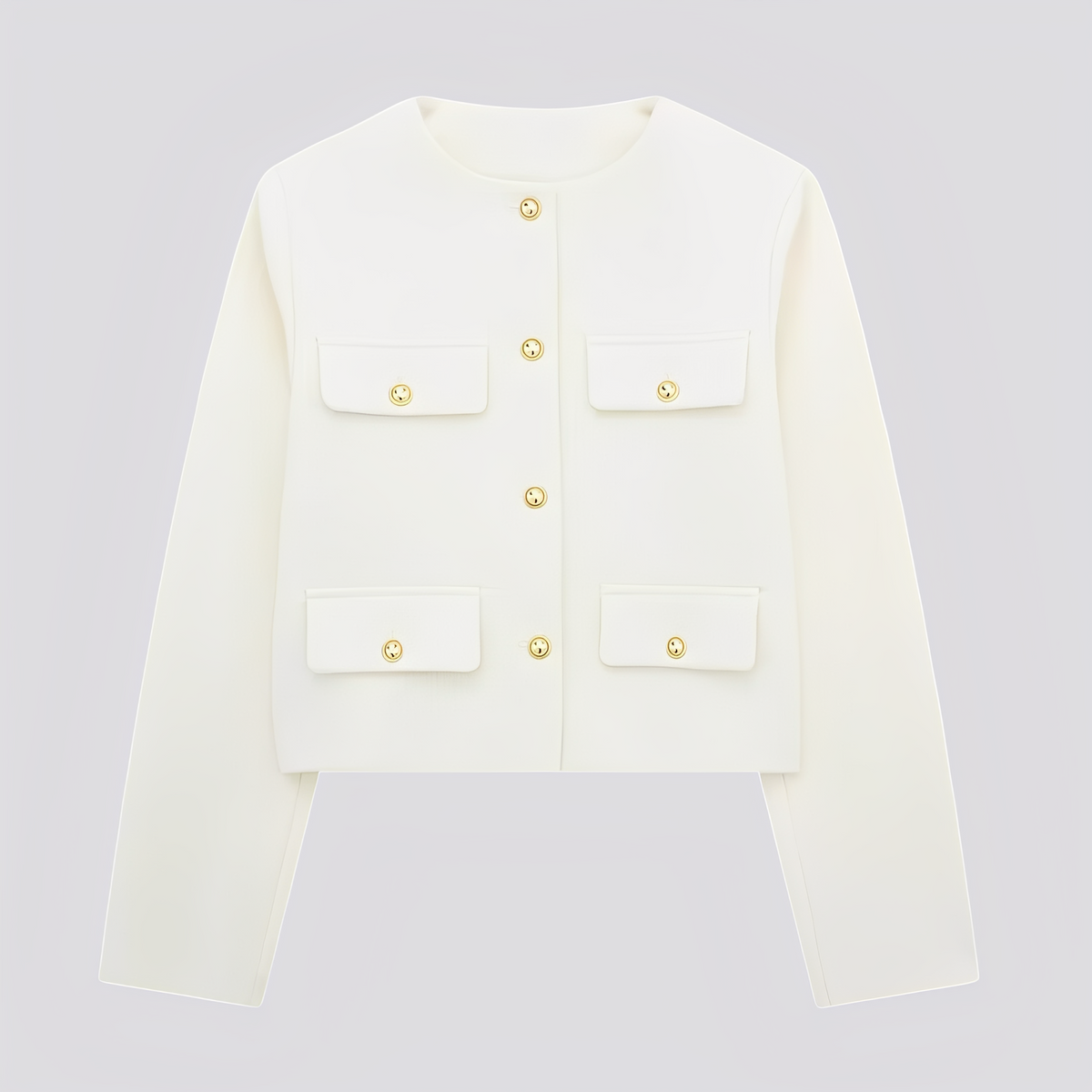 Women’s Cropped Collarless Jacket with Decorative Buttons and Flap Pockets – Elegant Tailored Layer for Smart Casual Wear