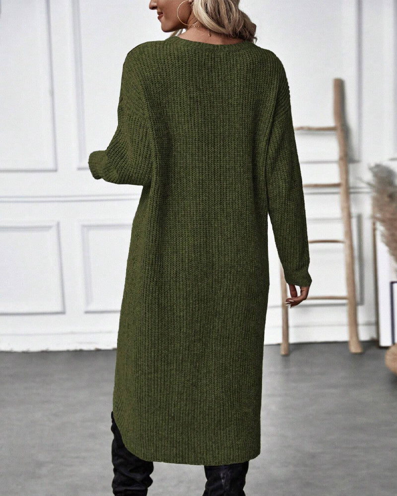 Women's Ribbed Sweater Dress with Side Slit Long Sleeve