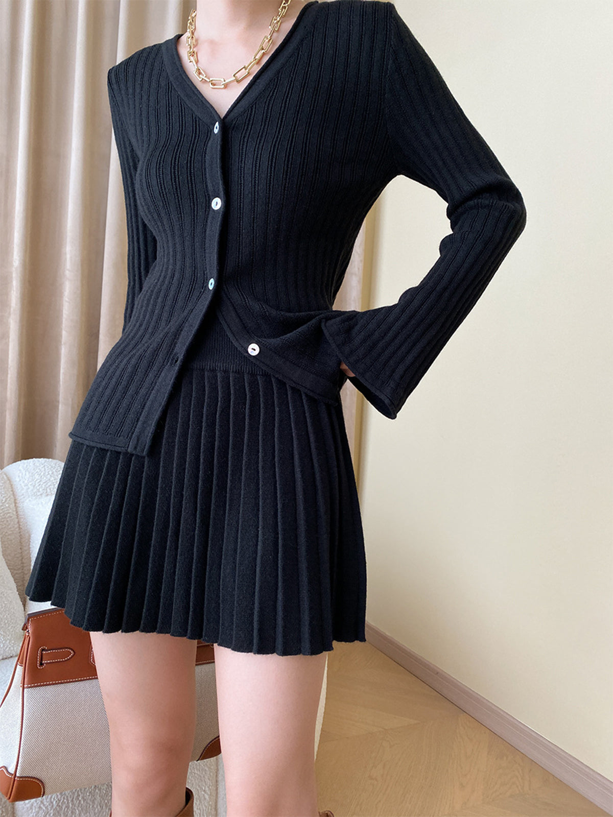 Women's Cashmere Blend Ribbed Knit Two-Piece Set – V Neck Button Front Cardigan and Pleated Mini Skirt for Smart Casual Wear