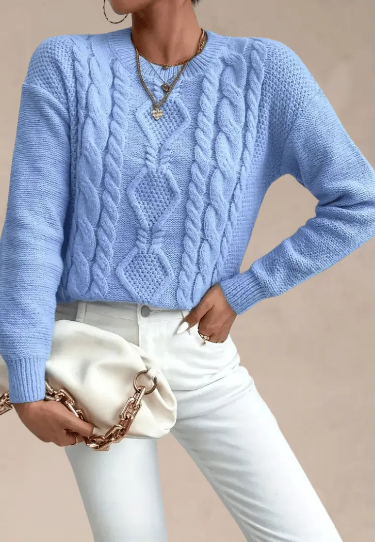 Women's Textured Cable Knit Sweater – Relaxed Crew Neck Long Sleeve Pullover for Autumn and Winter