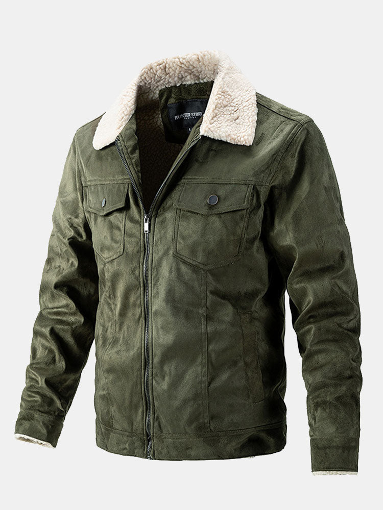 Men's Teddy-Lined Faux Suede Jacket – Warm Winter Zip-Up Outerwear with Sherpa Collar and Utility Chest Pockets