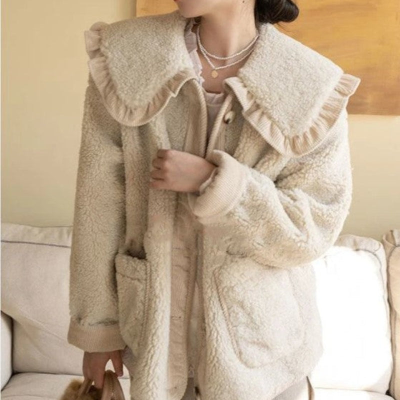 Women’s Longline Teddy Fleece Coat with Oversized Ruffled Collar and Button Front – Cosy Relaxed Winter Outerwear with Patch Pockets
