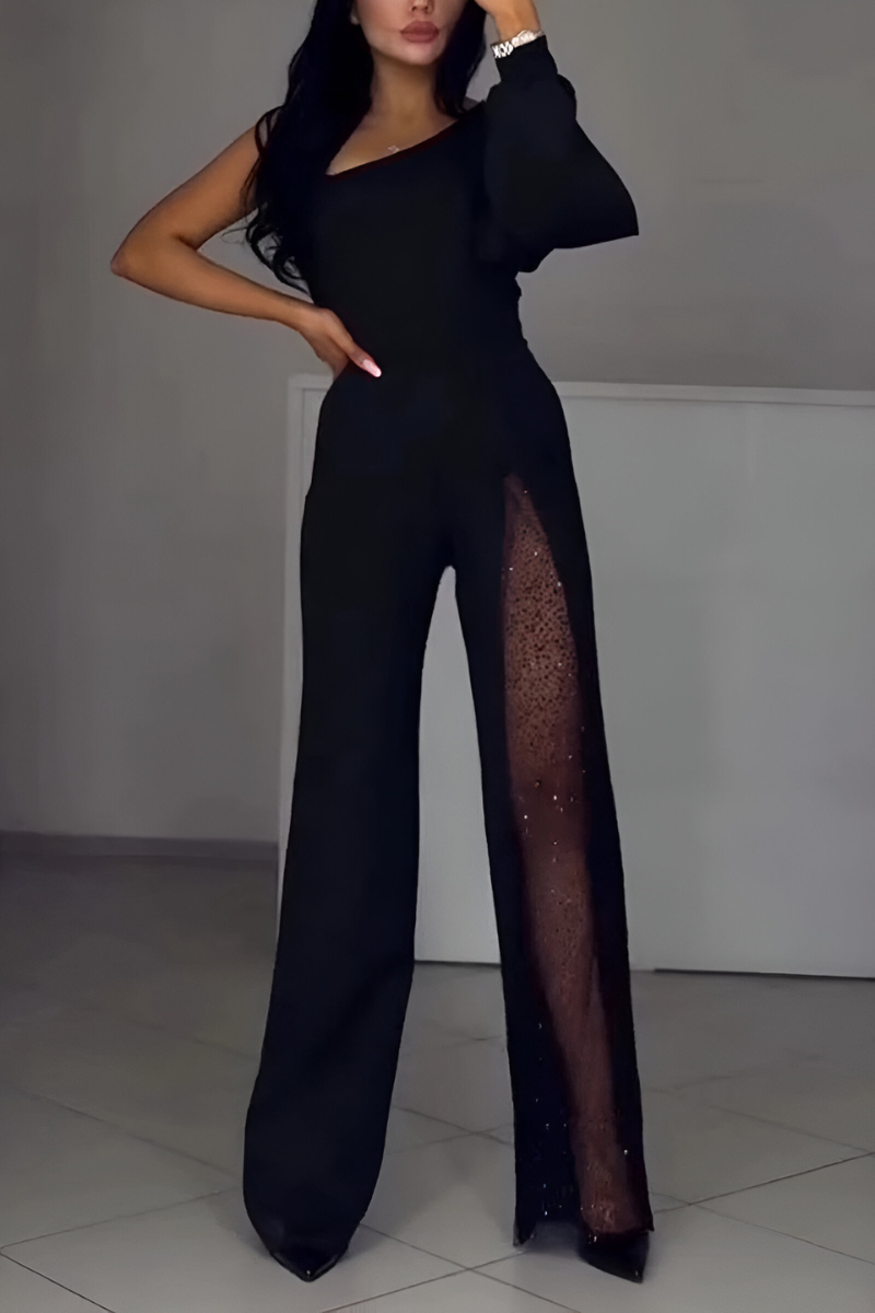 Women's One-Shoulder Wide-Leg Jumpsuit with Sheer Sequin Panel – Elegant Evening and Party Wear