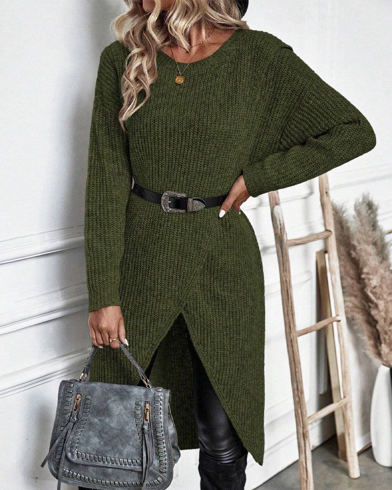 Women's Ribbed Sweater Dress with Side Slit Long Sleeve