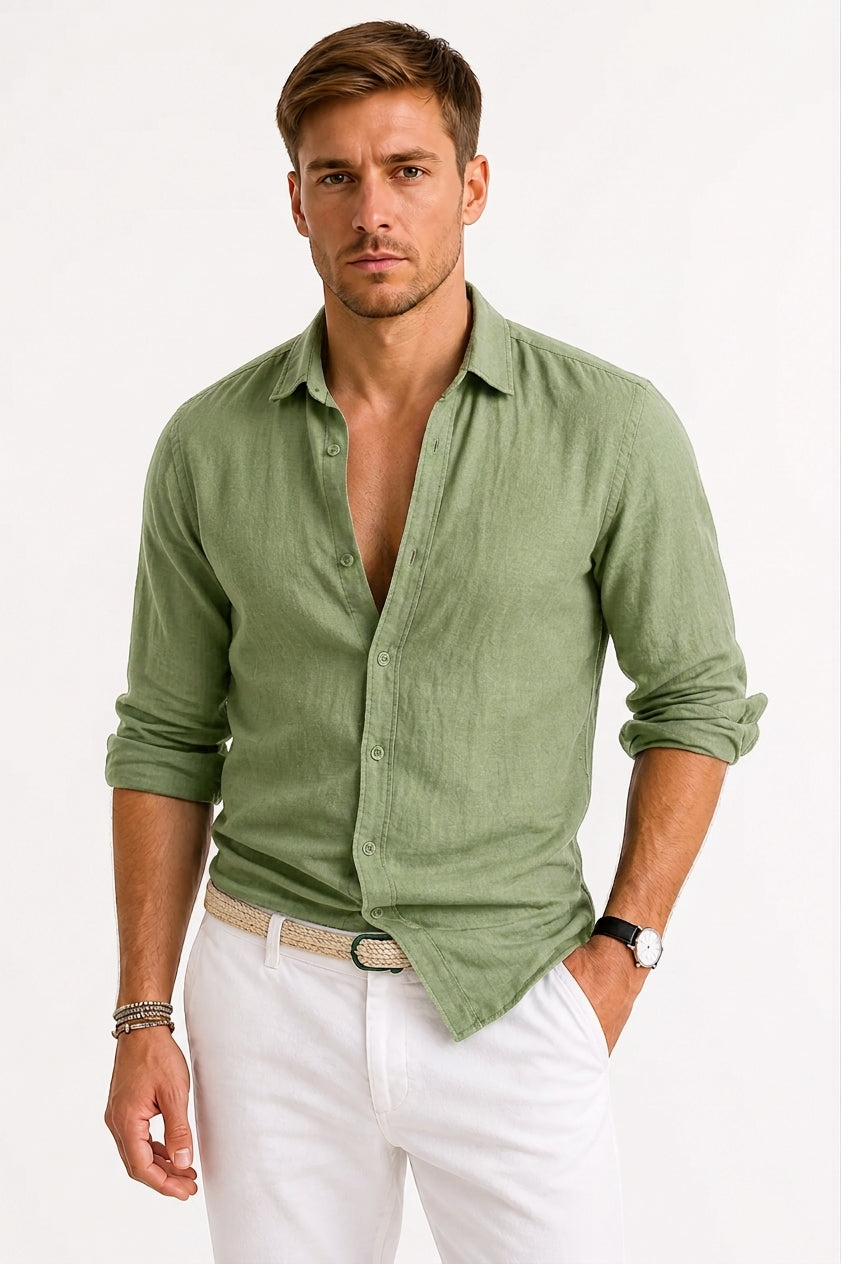 Men's Linen Button-Down Shirt Long Sleeve Relaxed Fit