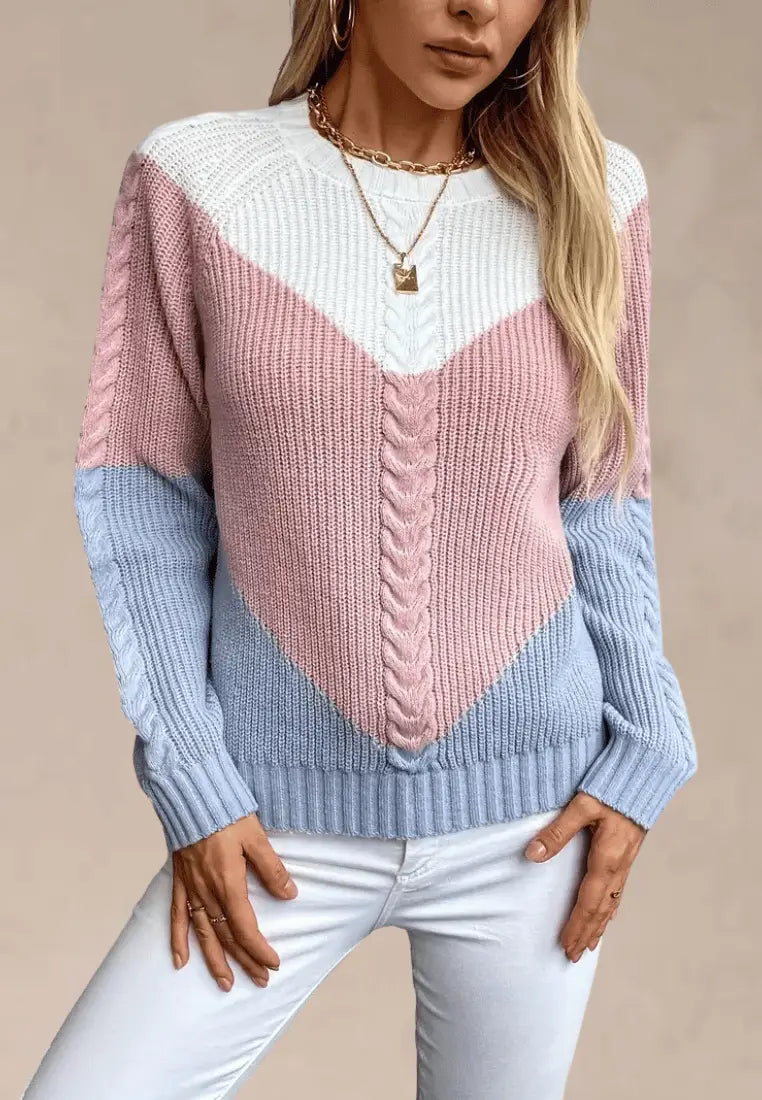 Women's Colourblock Cable Knit Sweater – Textured Crew Neck Long Sleeve Pullover for Autumn and Winter
