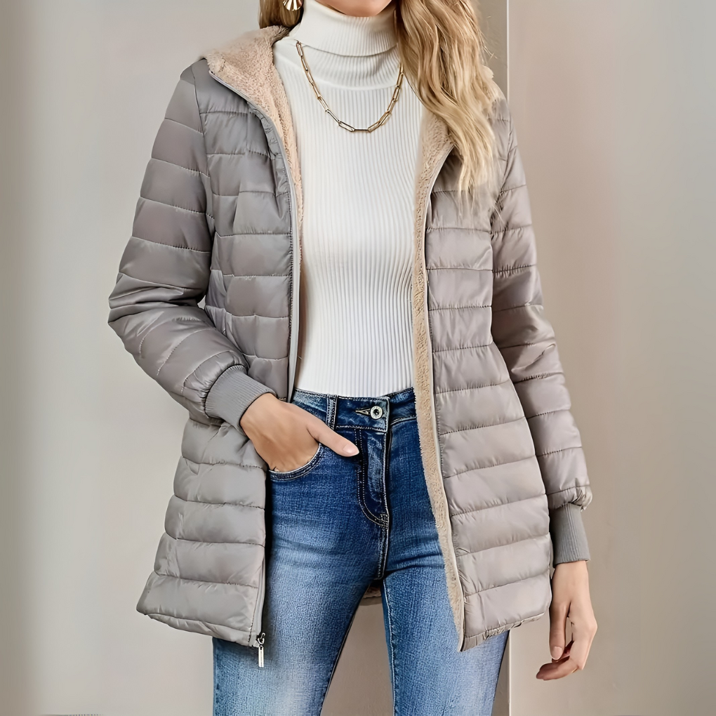 Women's Hooded Quilted Puffer Coat with Fleece Lining