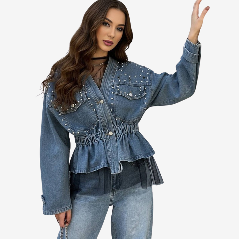 Women’s Studded Denim Peplum Jacket with Button Front and Gathered Waist – Elegant Casual Outerwear for Spring and Autumn