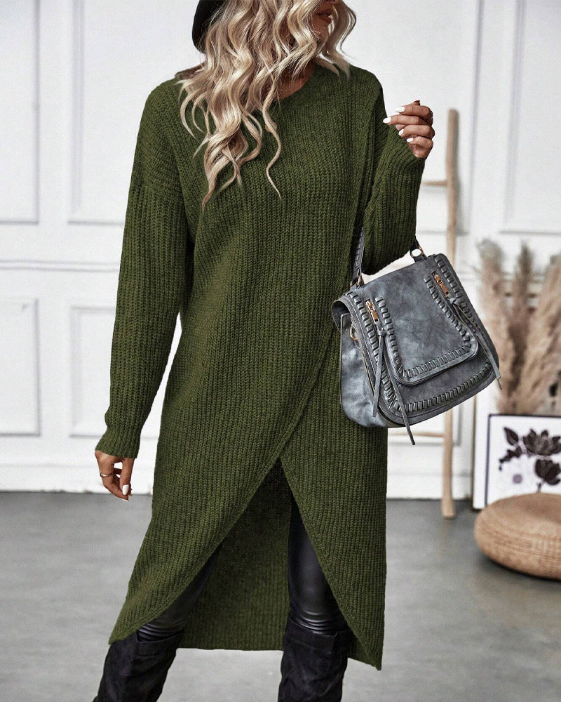 Women's Ribbed Sweater Dress with Side Slit Long Sleeve