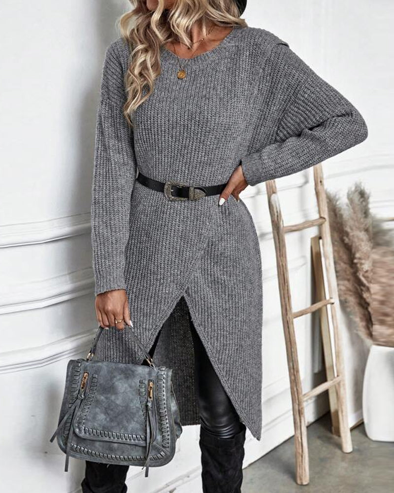 Women's Ribbed Sweater Dress with Side Slit Long Sleeve