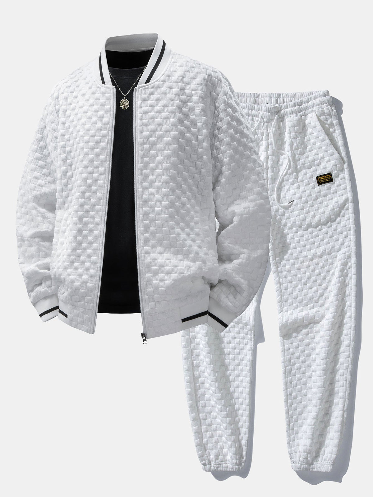 Men's Textured Jacquard Bomber Jacket and Jogger Set – Zip-Up Two-Piece Tracksuit for Casual Streetwear and Everyday Wear