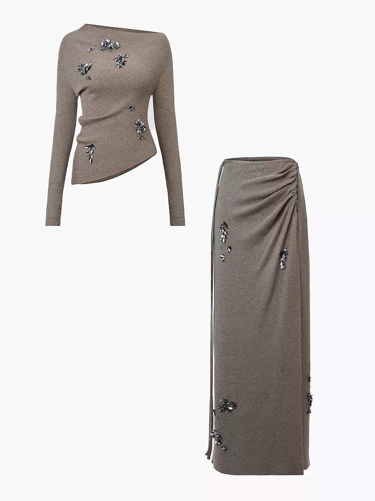 Women's Sequin Embellished Ribbed Knit Skirt Set – Asymmetric Long Sleeve Top and Draped Maxi Skirt for Evening Wear