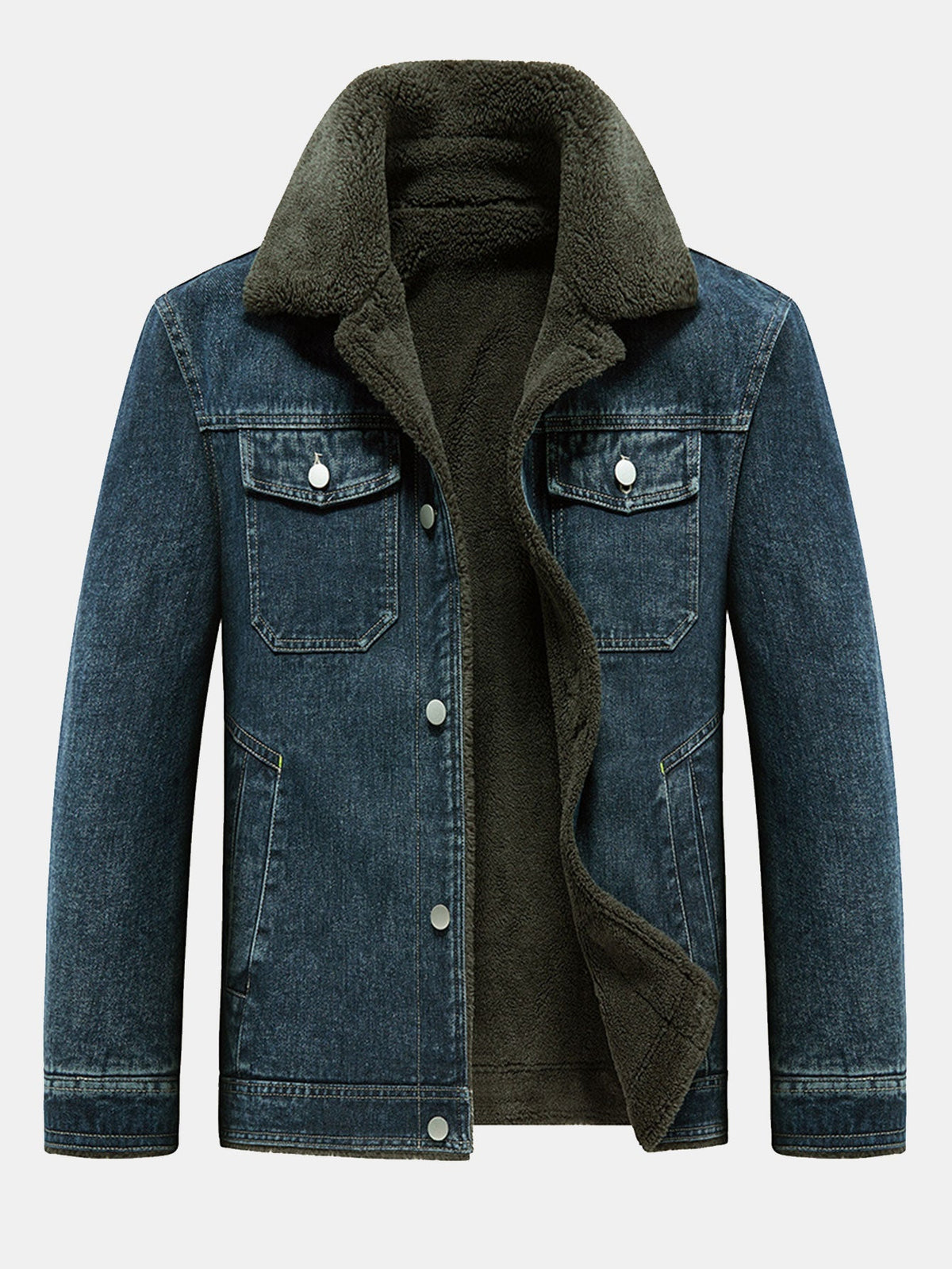 Men's Borg-Lined Denim Jacket – Vintage Washed Button-Up Winter Outerwear with Sherpa Collar and Utility Pockets